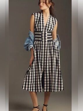 Anthropologie  The Tommie Cap Sleeve Gingham Navy/White Dress Smocked Dress S-M